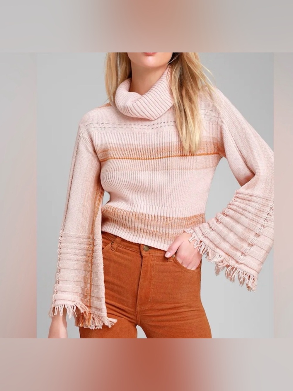 Free People Close To Me Blush Striped Fringe Bell Sleeve Sweater S